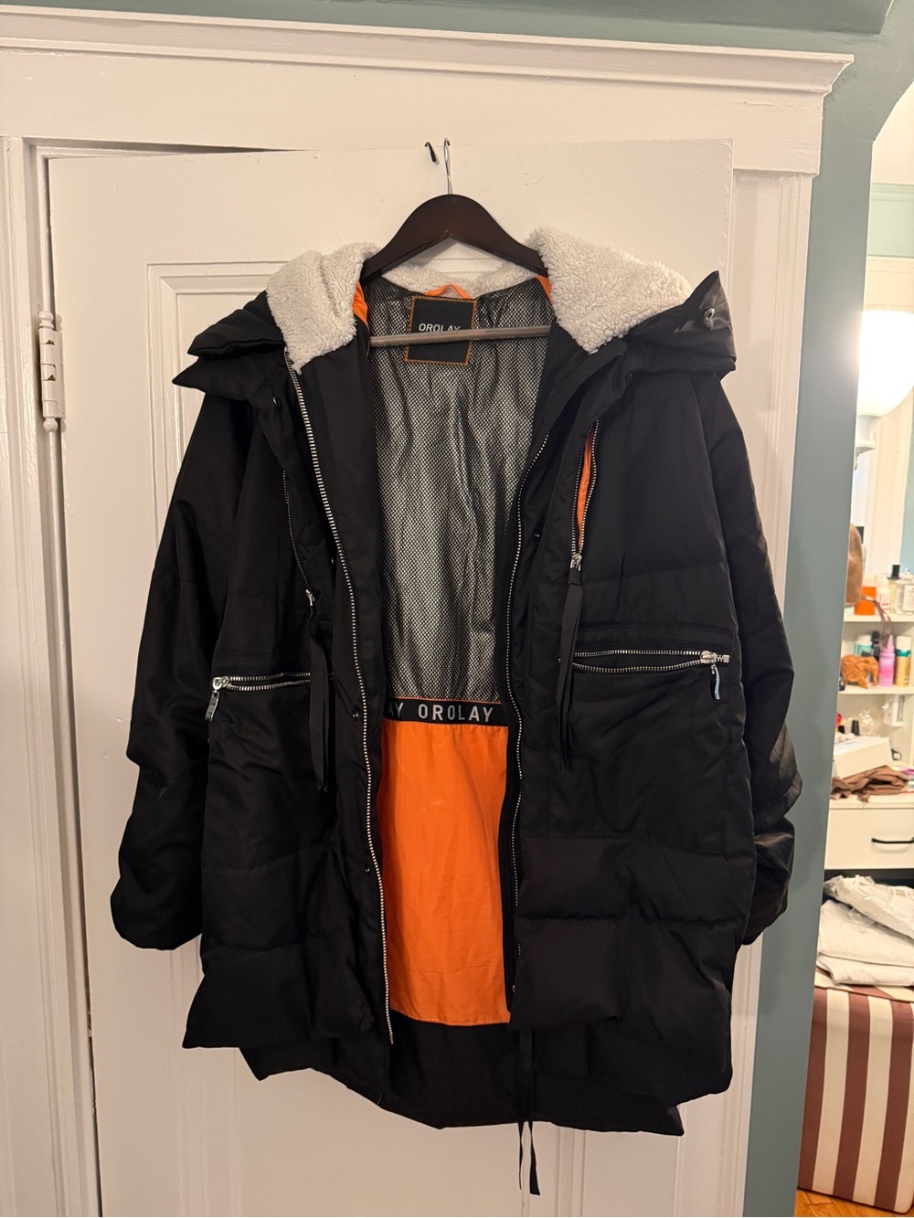 Orolay Black Parka Jacket with Orange Lining sz medium